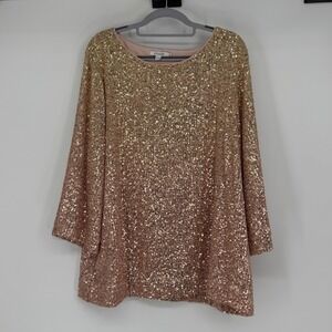 Chico's Sequin Tunic Top Size 3 XL Rose Gold Long Sleeve Cocktail Party